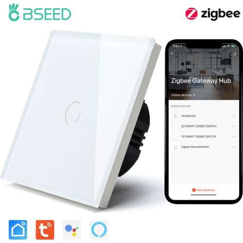 BSEED WIFI Zigbee Wall Light Switch Touch Screen Switch 1/2 Gang Smart Life Google Alexa Neutral Wire Tuya App Wireless Control