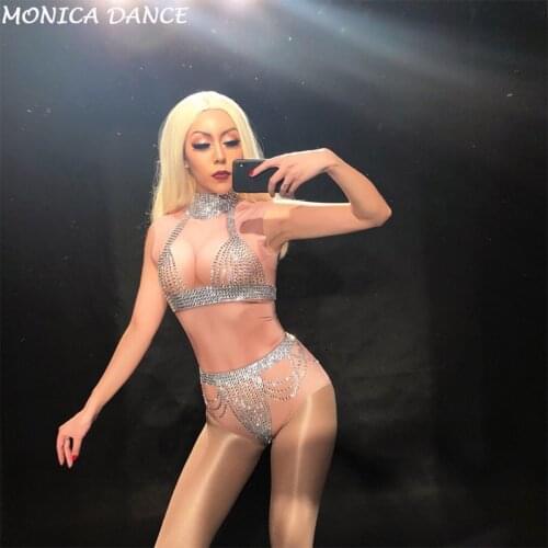 Sexy Stage Silver Glass Sparkling Crystals Bikini Bodyuit Women Sexy Clothing Nightclub Beach Party Stage Wear Singer Dancer