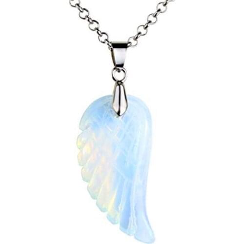 FYJS Unique Silver Plated Angel Wing Opalite Opal Pendant Vintage Necklace Link Chain Jewelry