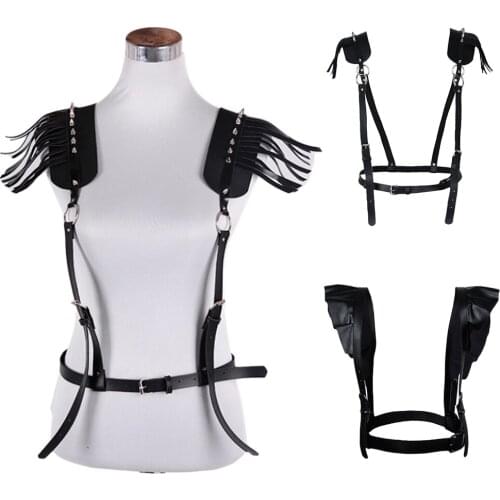 Vintage Fringe Tassel Suspenders Waist Belt Leather Waist Cincher Garter Double Tank Straps with Tassel Fringe Shoulder