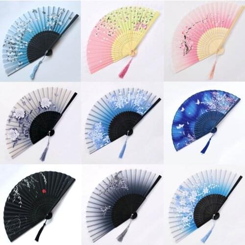 Vintage Chinese Japanese Dance Wedding Party Lace Silk Bamboo Folding Hand Held Flower Fan Party Performance Handheld Props