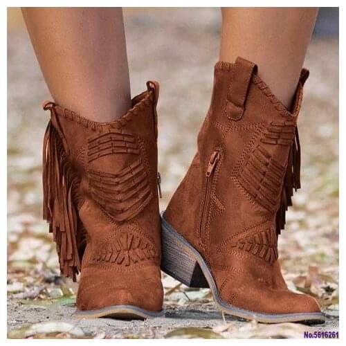Vogue Boho Flock Leather Women Boots Fringe Flat Heels Woman Med High Solid Boots Woman Tassel Botas Mujer Botte Femme