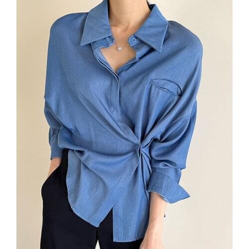 ZCSMLL Korean Spring Autumn Temperament Shirts Lapel Single-breasted Loose Casual Cardigan Long-sleeved Blue Blouse Women