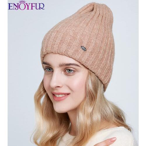 ENJOYFUR Thick warm winter hats for women soft mohair knitted female caps double lining beanies