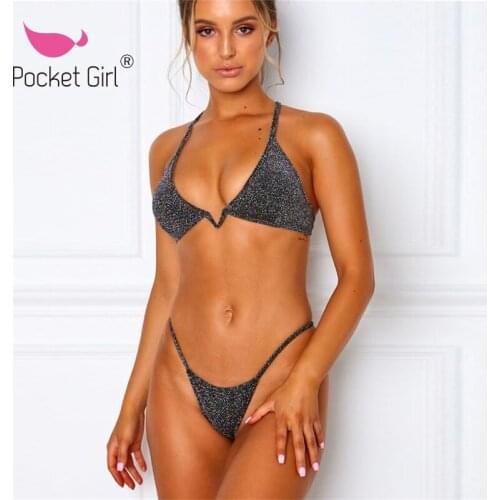 Pocket Girl 2020 Bling Bikini Set Sexy Women Bathing Swimsuit Halter Push Up Bandage Swimwear Beachwear Two Piece Underwire