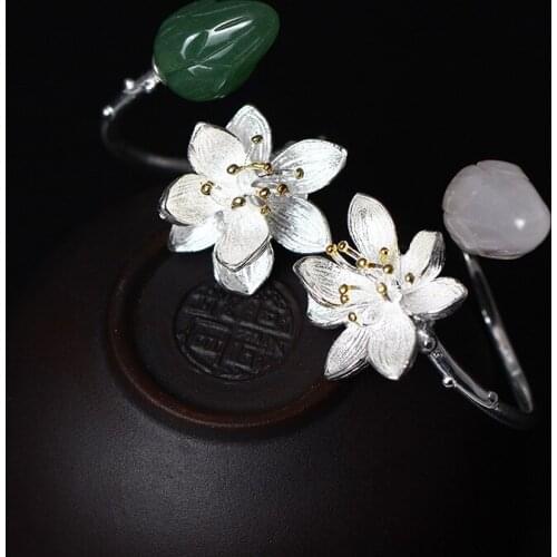 Ring 925 Sterling Silver Natural jade Lotus Flower Open Rings For Women Nation Style Lady fine Jewelry