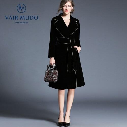Womens autumn coat gold trim suit tie tie long sleeve waist waist velvet windbreaker jacket women elegant fashion black Y-443