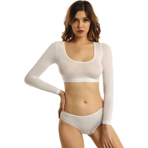 Womens Crotchless Sexy Lingerie Set Crop Top with Open Crotch Briefs Scoop Neck Long Sleeve Erotic Sexy Underwear Clothing