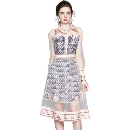 Spring Summer Women Flower Printed Splicing Mesh Dress Sexy Perspective Long Lantern Sleeve Mesh Pink French Elegant Midi Dress