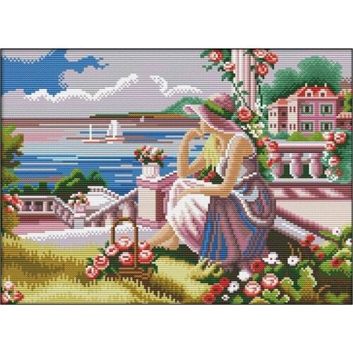 11CT Stamped Cross Stitch Kits Preprinted Embroidery Cloth DIY Needlepoint Kits for Beginners a Girl Looking At the Sea