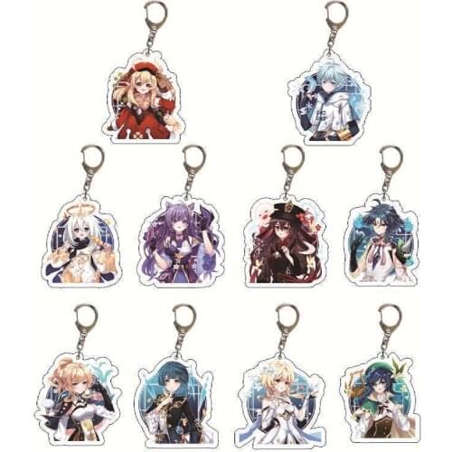 2021 Fashion Anime Genshin Impact Key Chains Hutao Xiao Paimon Keqing Keychain Base Acrylic Stand Card Keyrings Gift For Fans