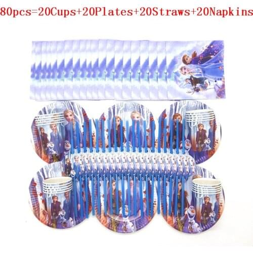 80p/50p Cartoon Theme Frozen II Anna Elsa Party Girl Kids Birthday Paper Cups+Plates+Napkin+Straw Birthday Family Party Supplies