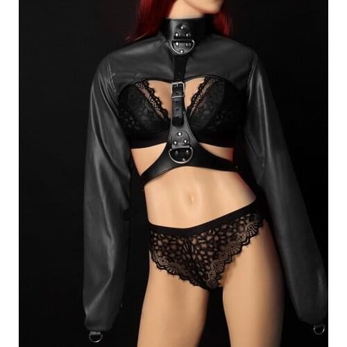 BDSM Bondage Restraint Leather Straitjacket Top Womens Open Cup Jacket Straight Body Binder Harness Erotic Role Play Costumes