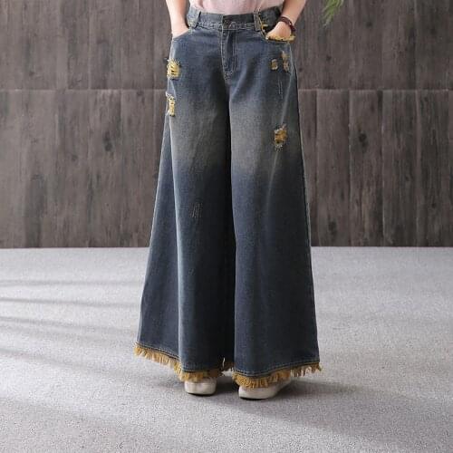 Free Shipping 2020 Fashion Wide Leg Ankle Length Pants Women Trousers Denim Jeans Elastic Waist Casual Stripe Patchwork Pants