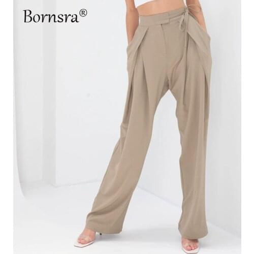 Bornsra 2021 Summer New Style Green Loose Straight High Waist Temperament Commuter Casual Fashion Drape Wide Leg Pants Women