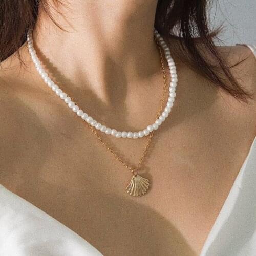 BUDROVKY Luxury White Pearl Stone Pendant Necklace for Women Gold Summer Shell Scallop Chain Multilayer Jewely Accessories