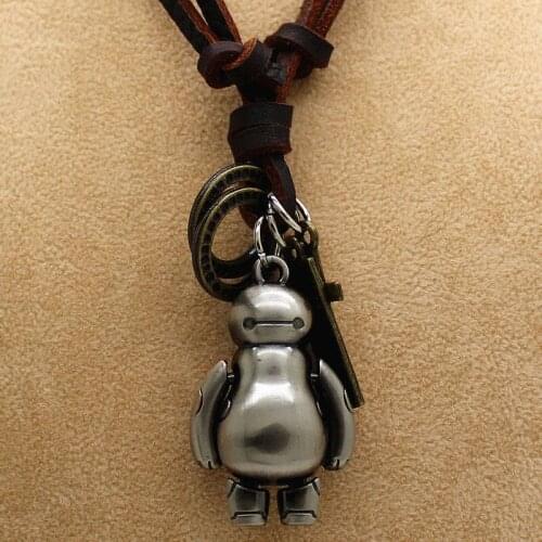 Good Quality Long Genuine Leather Chain Spaceman Pendant Necklace Sweater Chain Small Robot For Unisex Men Necklace