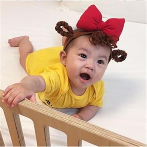 Small Girls Big Bow Wig Headband with Pigtail Newborn Bebe Hair Accessories Elastic Hair Bands Cute Baby Girls Headbands