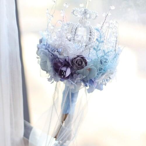Iffo high blue crown ice bride holding bouquet style crystal bouquet smoke gray cloth