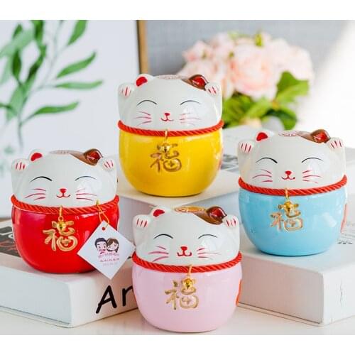 Chinese style Ceramics Crafts Lucky Cat Small Decoration Lovely Cartoon Piggy bank Child Gift Souvenir storage jar Ornament