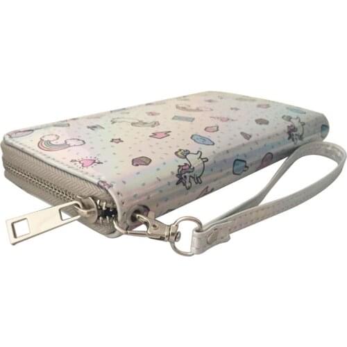 KANDRA Silver Holographic Laser Cartoon Leather Wallet for Women Wristlet Dessert Rainbow Printing Clutch Purses Card Holder