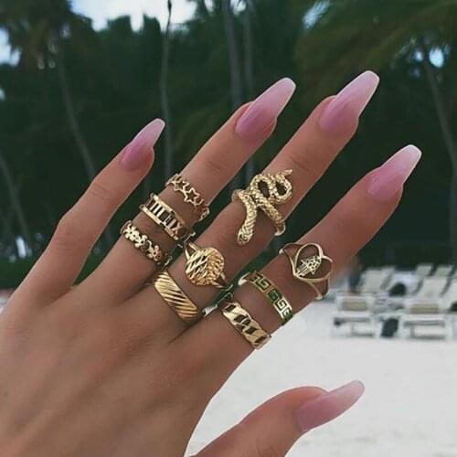 European and American Hot Sale Petal Five-Pointed Star flower love letter Serpentine Ring Suit 9-Piece Set for Modern Women