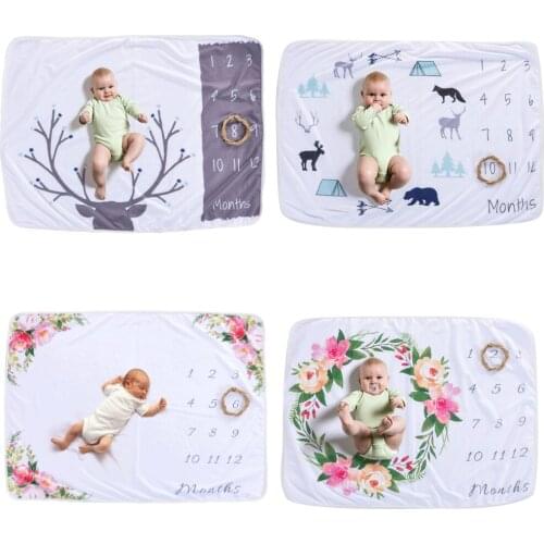 Lychee Monthly Milestone Blanket For Girl Boy Floral Animal Printed Photo Background Blanket Soft Flannel Blanket