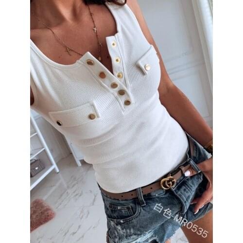 Summer Womens Tank Top Slim Fit Button Tops Solid Color Sexy Vest V-neck Casual Vest Sleeveless T Shirt Women Cotton Tank Tops