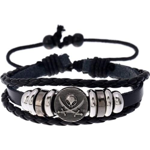 Punk Gothic Rock Men Jewelry Black Sword Skull Charm Multilayer Leather Bracelet Cuff Retro Bangle Wrap Women Hiphop Wristbands