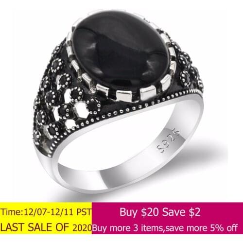 925 Sterling Silver Black Natural Agate Stone Mens Ring Hollow Vintage Punk Style Turkish Handmade Jewelry Wedding Gift For Men