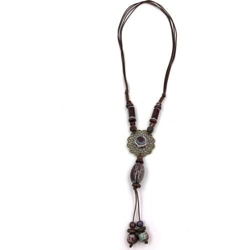 New Vintage Ethnic Colorful Ceramic beads pendant Necklace Adjustable Knotted Long necklace for Women gift