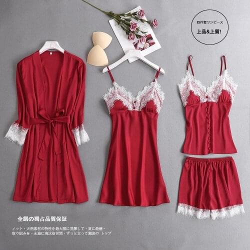 New Four-Piece Set Of Imitation Silk Japanese Button V Collar Home Wear Ice Silk Pajamas Pajamas With Shorts Intimate Lingerie