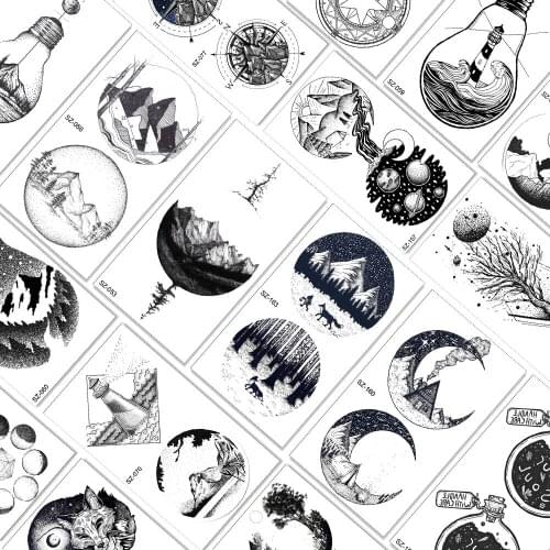 Qucious Round Black Mountain Forest Temporary Tattoos Fake Waterpoof Realistic Sheets Sticker Fake Body Art Arm Tattoo For Adult