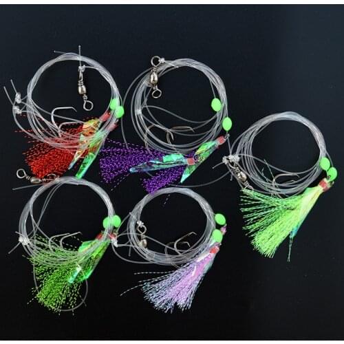 Flasher Sabiki Rigs 1 Piece Sea Fishing Fish Skin Lure Flasher Sabiki Rig Snelled Fishing Rig with Two Hooks For Herring