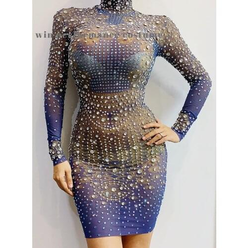 Sexy Singer Silver Rhinestones Fringes Mesh Dress Party Women Evening Prom Birthday Celebrate Luxury Transparent Short Dress