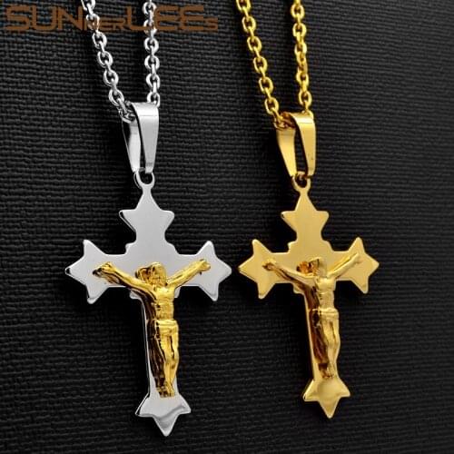 SUNNERLEES Stainless Steel Jesus Christ Cross Pendant Necklace Oval Link Chain Silver Color Gold Plated Men Boy Jewelry SP211