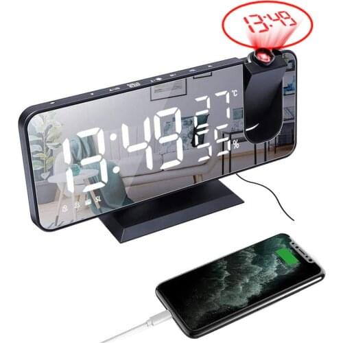 LED Digital Alarm USB Wake Up FM Radio Clock Watch Table Electronic Desktop Clocks Projector Snooze Function 2 Alarm