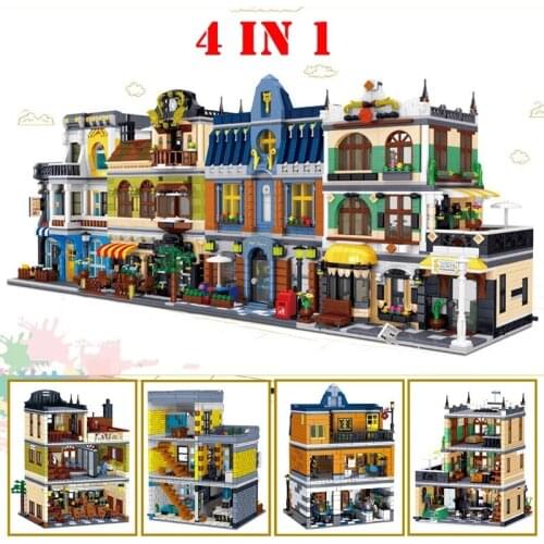 Technical DIY Street View European House Cafe Shop Restaurant Model Building Blocks City Architecture Bricks Children Toys Gifts