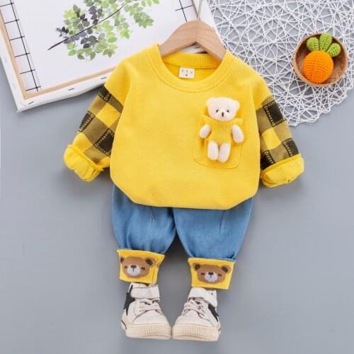 2021 Spring Autumn Toddler Baby Boys/Girls Knitted cotton Casual Bear Pendant Sweatshirts Shirt+Jeans 2pc Children Clothes Suit