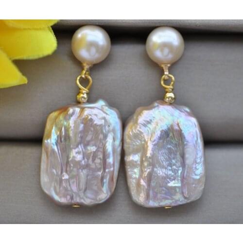 Z10901 25mm Lavender Square Coin Round Freshwater Pearl Dangle Earring