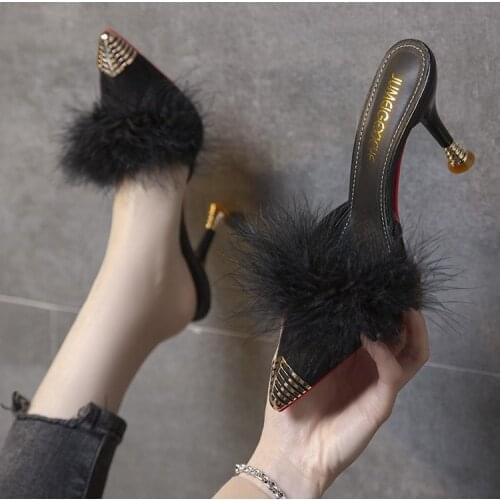 2021 Hot New Womens Sandals For Women and Ladies Feather Transparent Crystal Fur Thin High Heel Pointed Toe Sandals Women Pumps