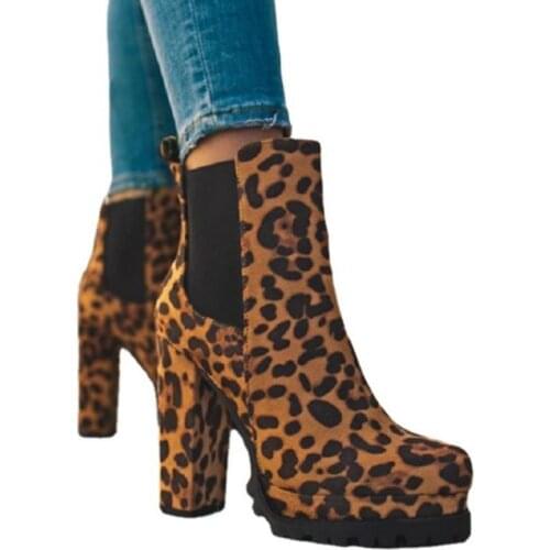 Women Flock Leopard Ankle Boots Female Square High Heels Platform Shoes Ladies Solid Fashion Footwear Big Size