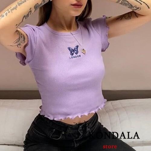 KONDALA Womens T-Shirts Embroidery Carton Ruffles Stretch Tops Short Sleeve Casual Sexy Corset