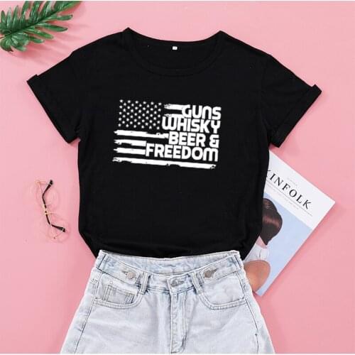 GUNS WHISKY BEER FREEDOM American Flag Aesthetic Graphic T Shirts Tops Femme T-shirts Russian Style Casual Cotton Woman Tshirts