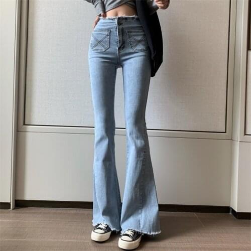 Womens Vintage Raw Hem Slim Flare Jeans 2021 Spring Summmer High Waist Trumpet Denim Pants Casual Streetwear Long Pants Feme