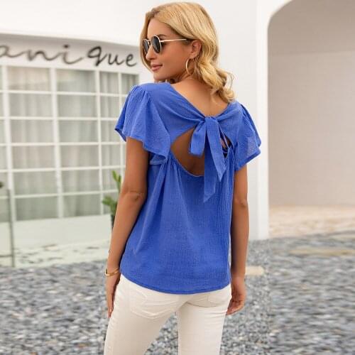 Women Sexy Hollow Out Backless Bow Decor T-shirt Top Summer New Butterfly Sleeve O-neck Solid Color Casual Loose Pullover Female