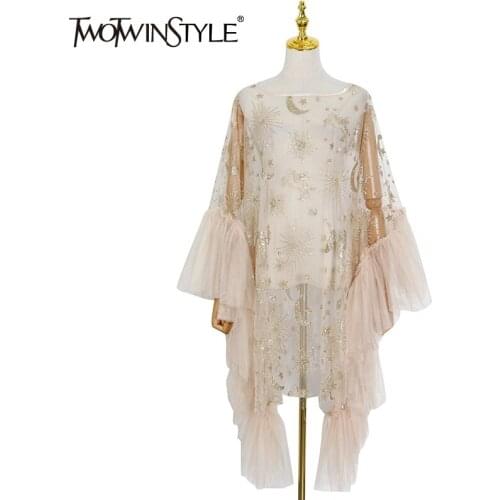 TWOTWINSTYLE Print Mesh Sexy Dress For Women O Neck Batwing Long Sleeve High Waist Embroidery Mini Dresses Female 2021 New Style