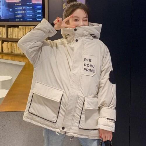2019 Winter Fashion Women Keep Warm Coat Hooded Loose Harajuku Letter Pocket Zipper Solid Color Tooling Cotton Clothing Female