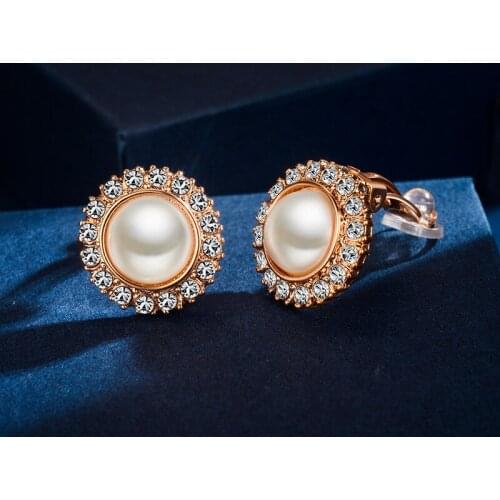AAA+ Quality Fashion No Ear Hole Clip Earrings Micro Paved Top Cubic Zirconia Pearl Earrings For Women Classic Jewelry