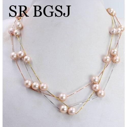 Free Shipping 7-8mm AAA Grade Pink Natural Freshwater Pearl Beads Women Jewelry Link Chains Necklace 45cm